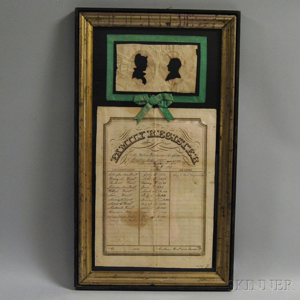 Appraisal: Framed Hunt Family Register and Silhouettes early to mid- th