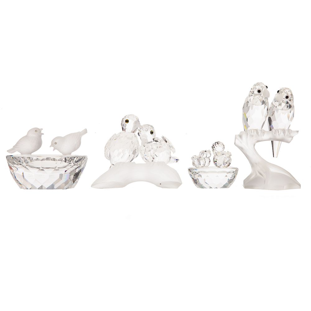 Appraisal: Four Swarovski Crystal Bird Groups including pair lovebirds on branch