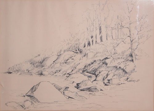 Appraisal: Forest Interior with Stream Pen and Ink on Paper Barnes