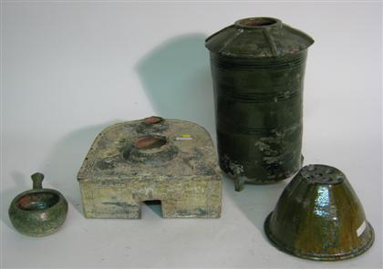 Appraisal: Chinese archaic-form pottery assortment Comprising large green-glazed tripod granary green-glazed