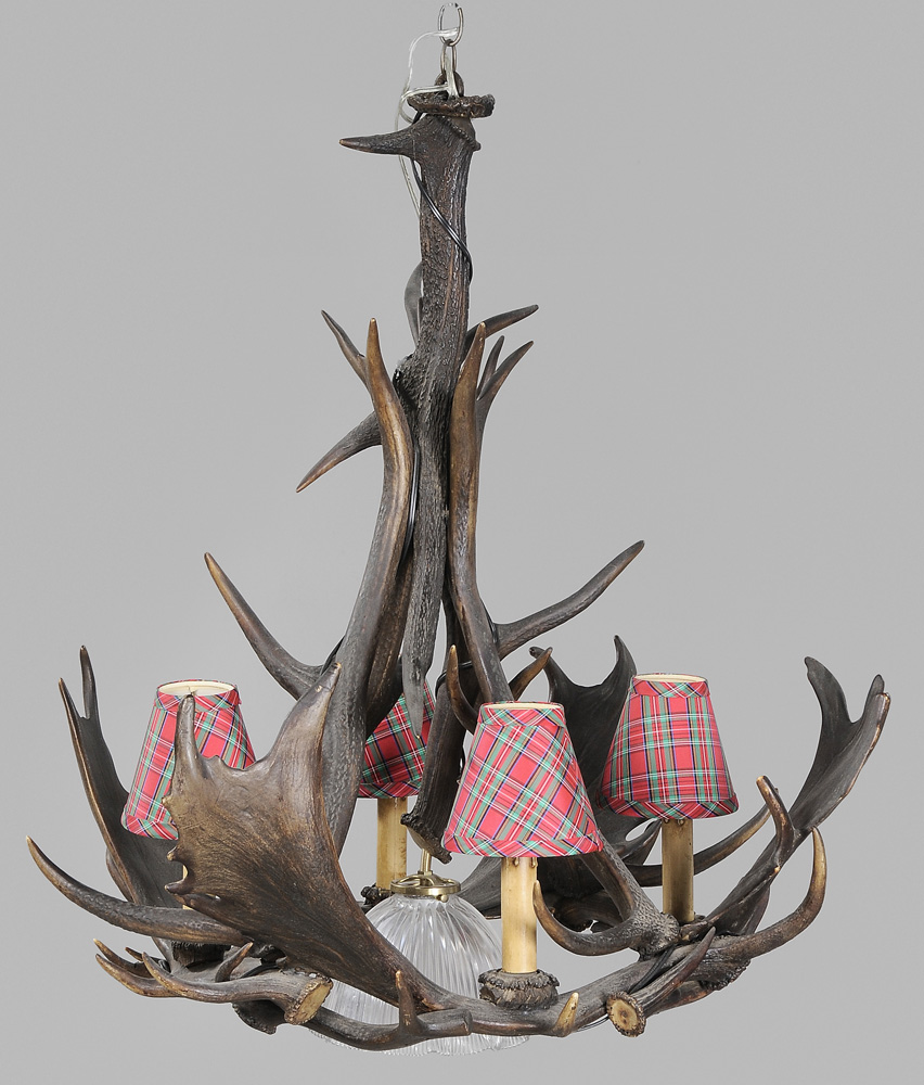 Appraisal: Rustic Five-Light Antler Chandelier Continental th century four exterior lights