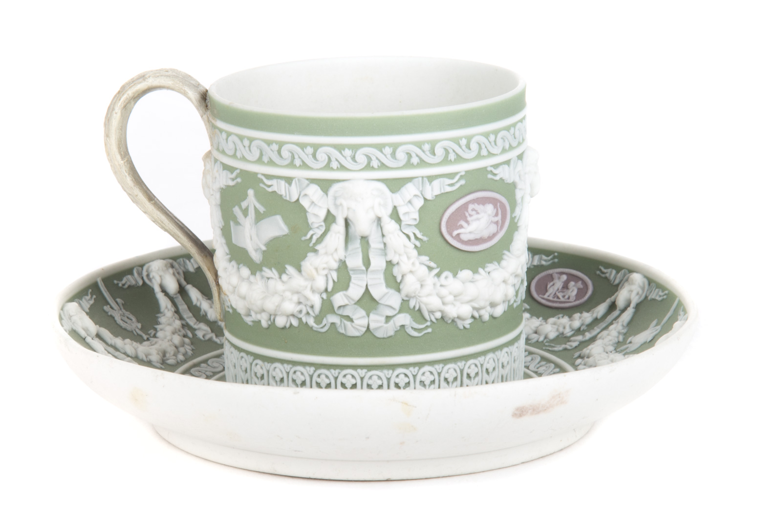 Appraisal: Wedgwood tri-color jasperware cup and saucer th century green ground