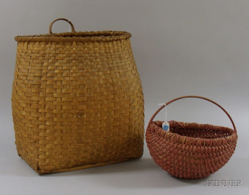 Appraisal: Red-painted Woven Melon-form Splint Basket and a Large Woven Splint