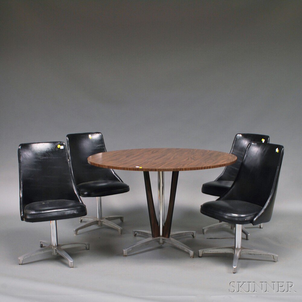 Appraisal: Mid-Century Modern Table with Four Swivel Chairs circular faux wood