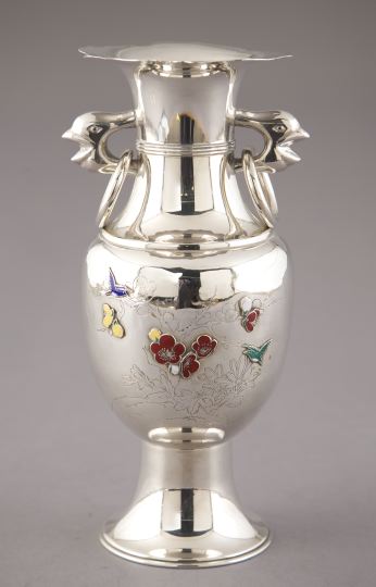 Appraisal: Japanese Meiji Enamel Applique and Sterling Silver Ringed Vase fourth