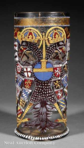 Appraisal: A Bohemian Polychrome Enameled Glass Reichsadlerhumpen cylindrical body of greenish