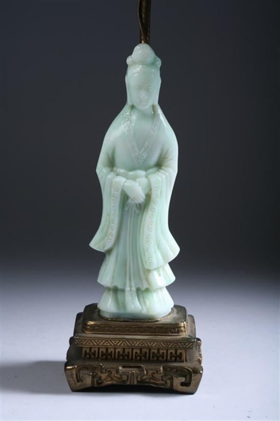 Appraisal: CHINESE GREEN GLASS FIGURE OF GUANYIN LAMP Electrified - Guanyin