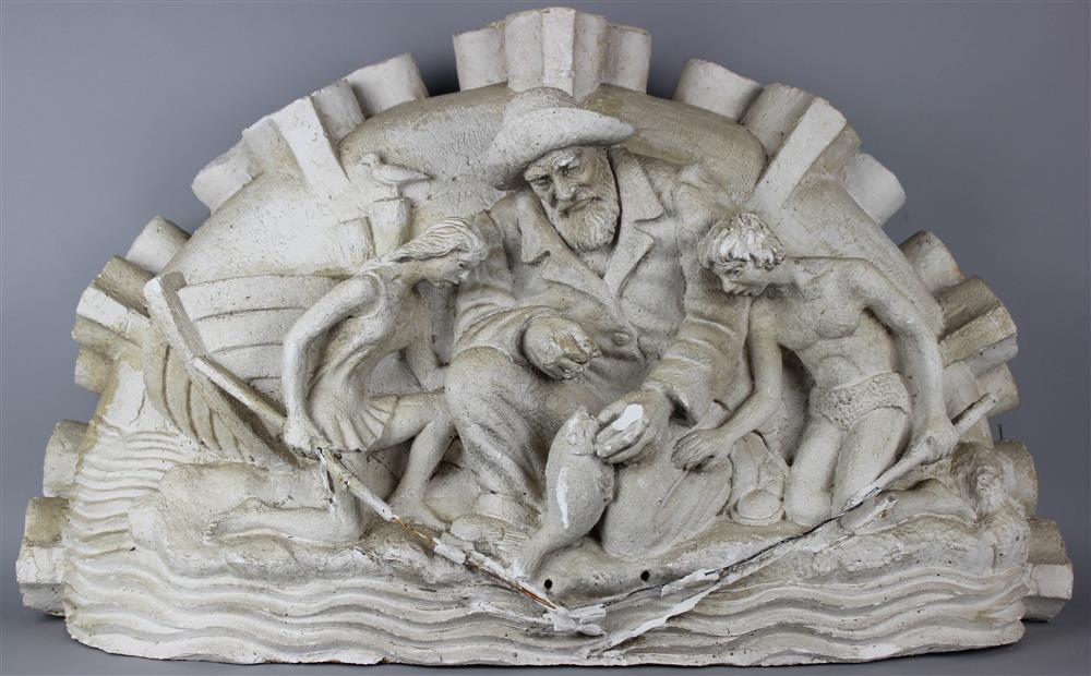 Appraisal: PLASTER RELIEF MAQUETTE TYMPANUM OF A FISHERMAN AND TWO CHILDREN