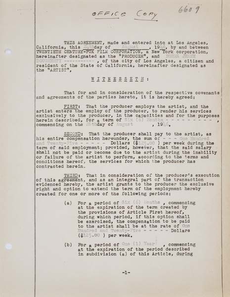 Appraisal: MARILYN MONROE Unsigned file copy of Marilyn's first studio contract