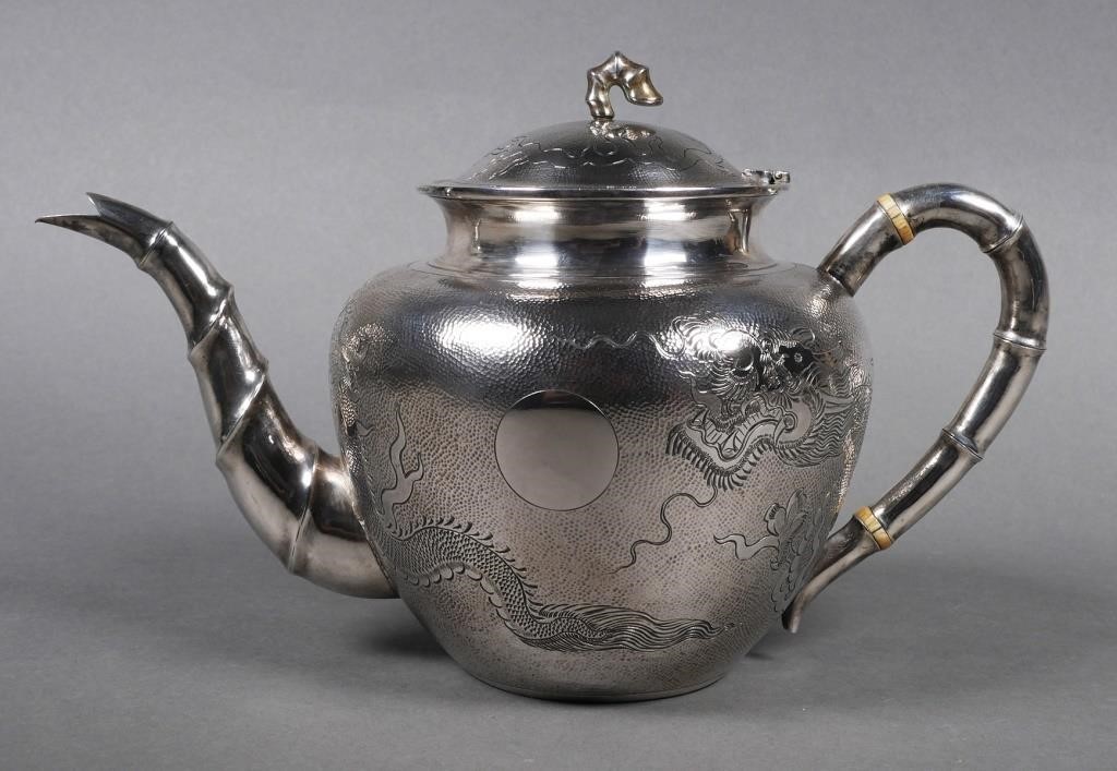 Appraisal: Early th century Chinese export sterling silver teapot with dragon