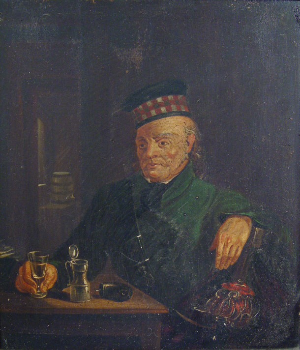 Appraisal: Unsigned oil onto panel of a Scotsman drinking at a