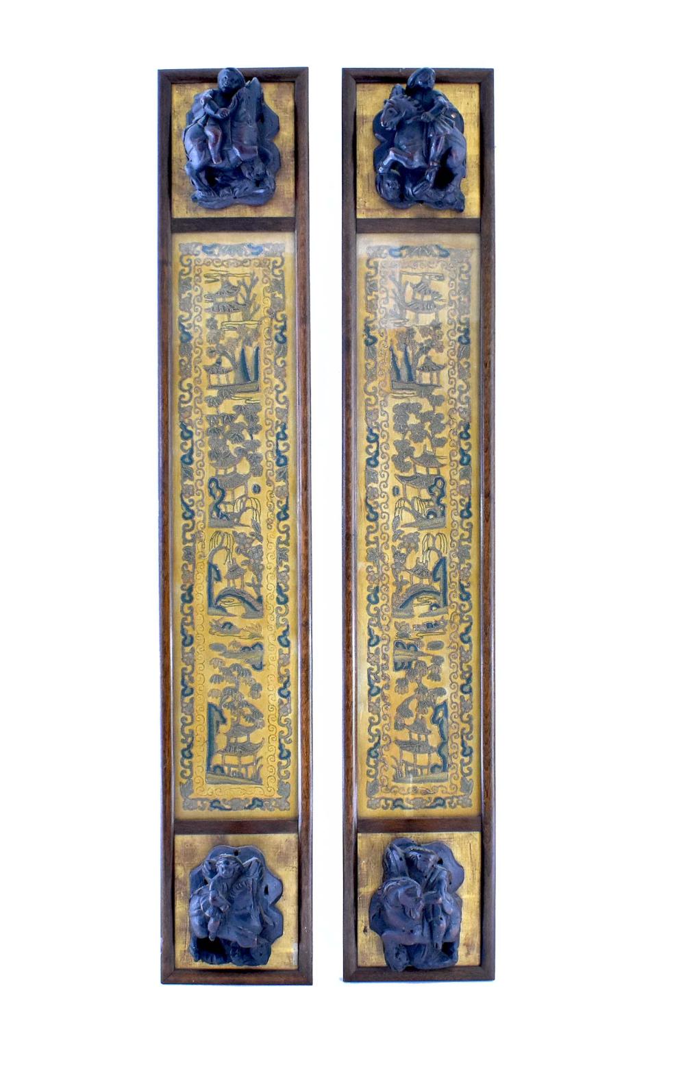 Appraisal: PAIR OF CHINESE GILT AND SILK EMBROIDERED SLEEVE PANELSQing Dynasty