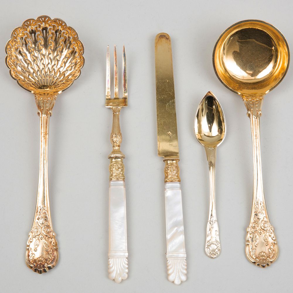 Appraisal: French Silver-Gilt and Mother-of-Pearl Dessert Service Marked for Paris -