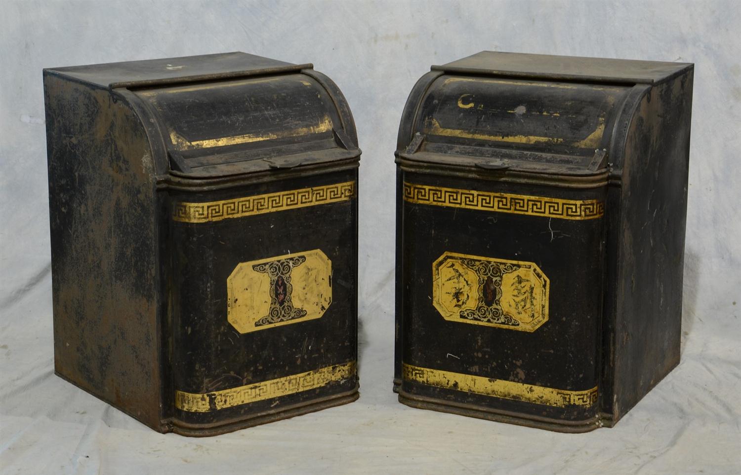 Appraisal: Pair of tole black and gilt decorated store tea tins