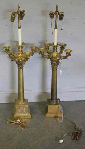 Appraisal: Pair of Five Arm Gilt Candelabra Lamps From a Scarsdale