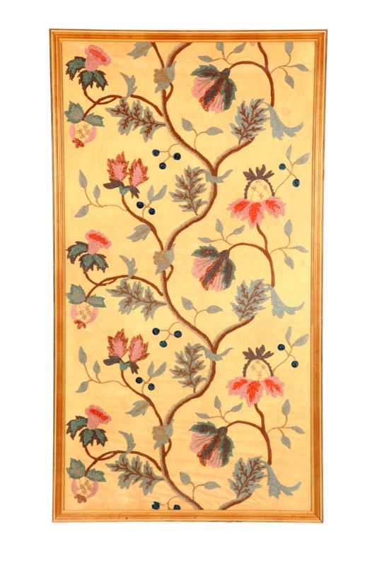 Appraisal: EMBROIDERED TEXTILE Probably European late th century Floral polychrome crewelwork