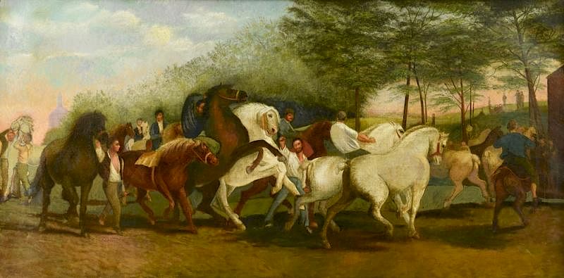 Appraisal: Panoramic Oil on Canvas Horse Procession Panoramic oil on canvas