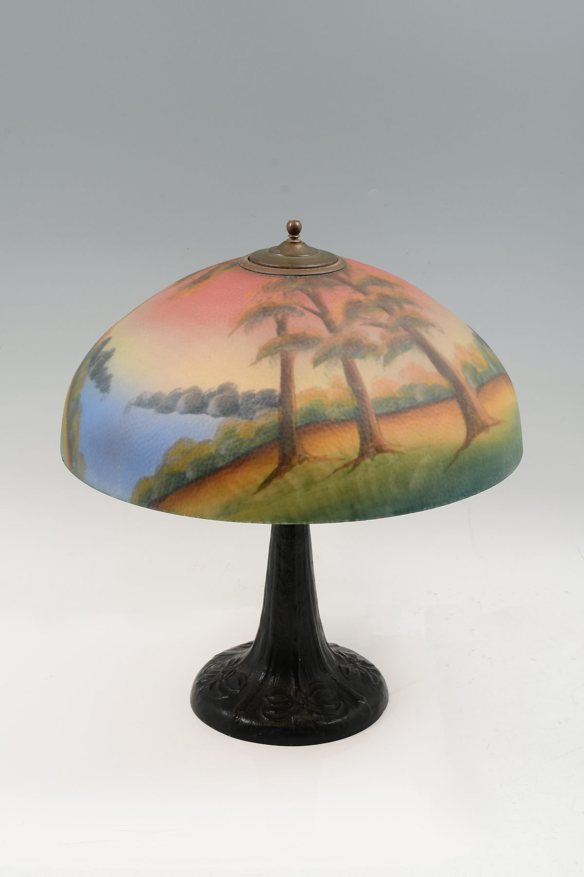 Appraisal: SIGNED HANDEL REVERSE PAINTED FOREST TABLE LAMP Reverse painted glass