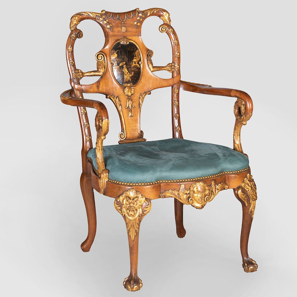 Appraisal: Unusual George II Style Walnut Lacquer and Parcel-Gilt Armchair The