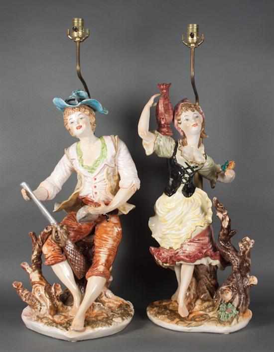 Appraisal: Pair of Continental glazed ceramic peasant figures mounted as lamps