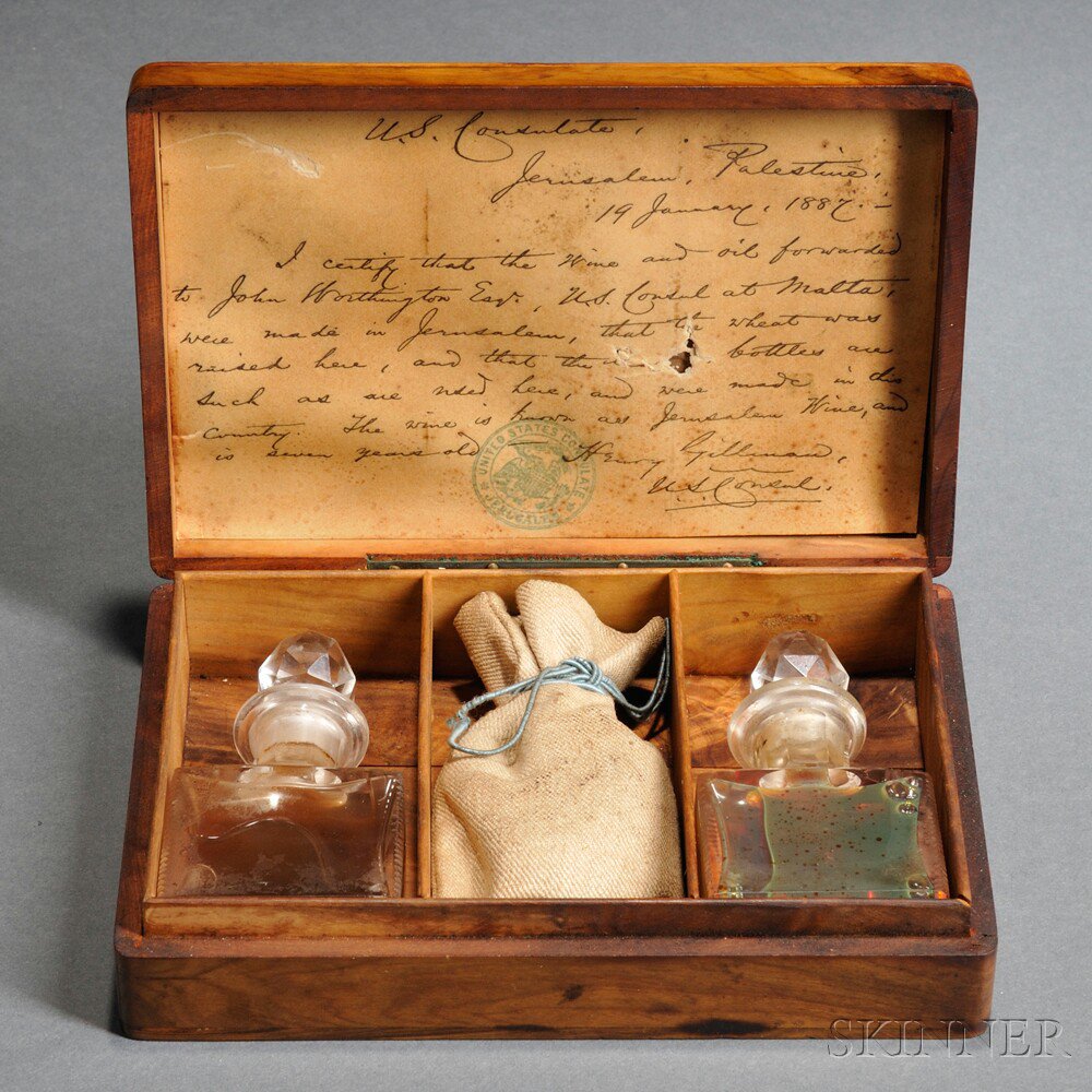 Appraisal: Masonic Olivewood Wages Box Jerusalem s containing two hand-blown glass