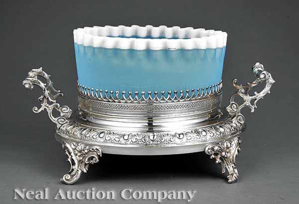 Appraisal: An Antique Silverplate and Satin Glass Centerbowl the blue glass