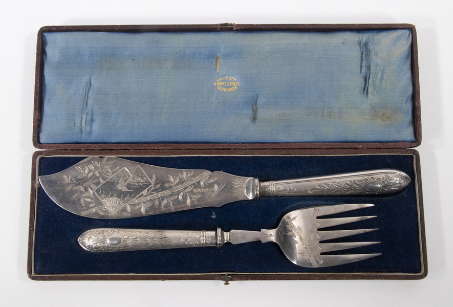 Appraisal: CASED VICTORIAN FISH SERVING SET Late th c Silver-Plate Fish