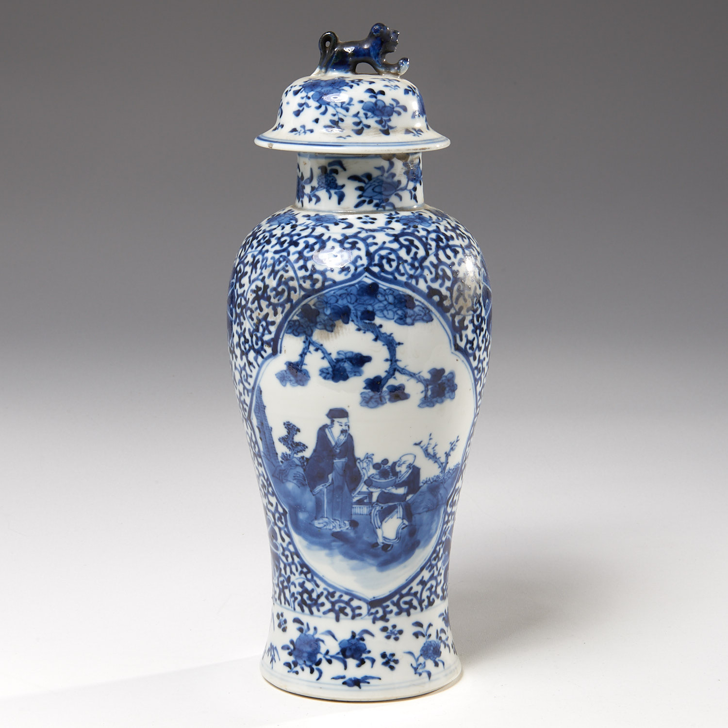 Appraisal: CHINESE BLUE AND WHITE JAR AND COVER Qing Dynasty decorated