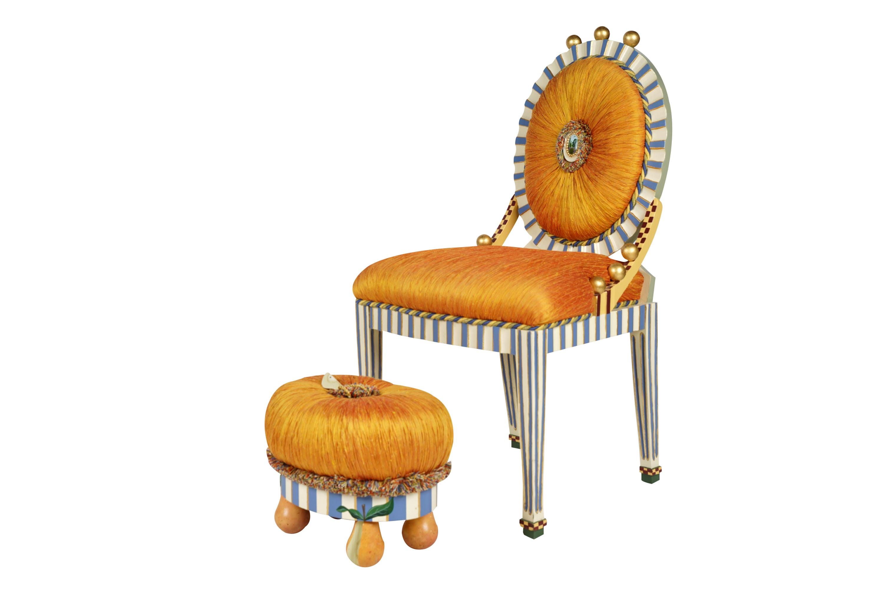 Appraisal: MACKENZIE CHILDS-STYLE PAINTED SIDE CHAIR OTTOMAN unsigned Provenance The Ferrari-Carano