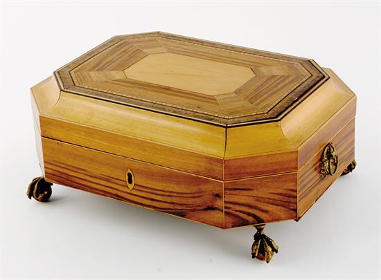 Appraisal: English inlaid satinwood sewing box circa specimen inlaid coffered rectangular