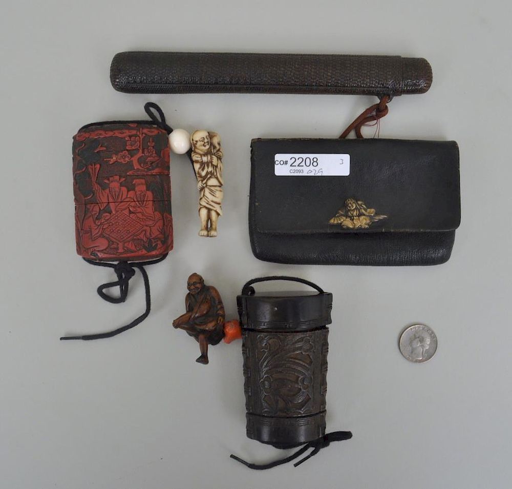 Appraisal: Two Japanese Inro and Pipe Case with Pouch the inro