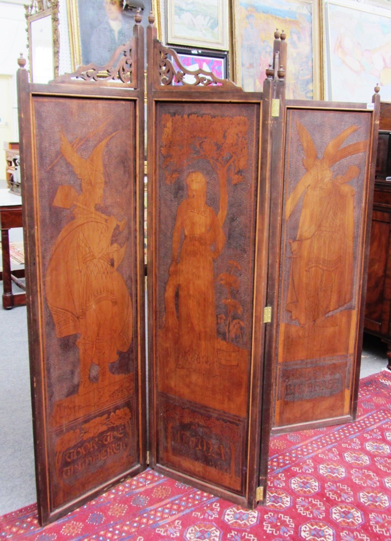 Appraisal: An Art Nouveau stained beech four fold draft screen with