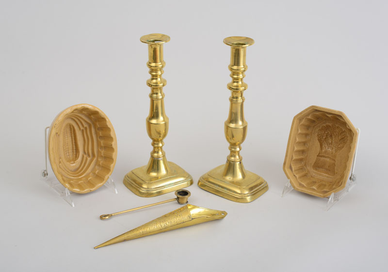 Appraisal: PAIR OF ENGLISH BRASS CANDLESTICKS A SNUFFER AND AN ENGRAVED