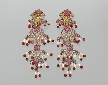 Appraisal: A Pair of Indian Diamond Ruby and Pearl Pendant Ear