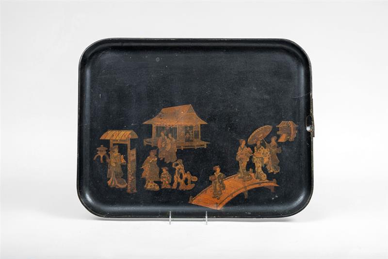 Appraisal: French Japonaise Black Lacquer Tray with Female Musicians in a