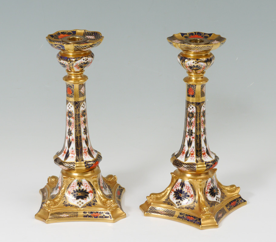 Appraisal: PAIR ROYAL CROWN DERBY OLD IMARI TALL CANDLE STANDS Fine