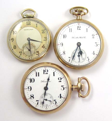 Appraisal: THREE AMERICAN HAMILTON OPENFACE POCKET WATCHES model size grade jewels