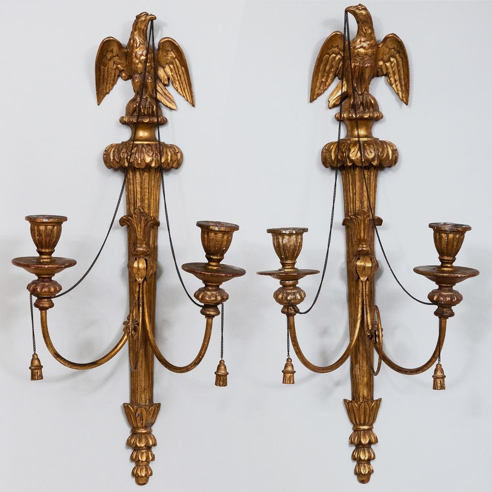 Appraisal: Pair of Federal Style Giltwood Eagle Form Two-Light Sconces x