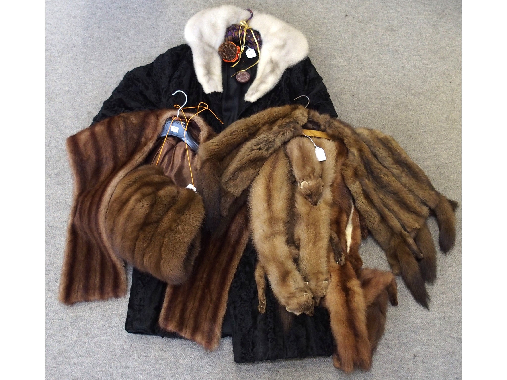 Appraisal: Astrakhan coat with fur collar mink cape stole muff and