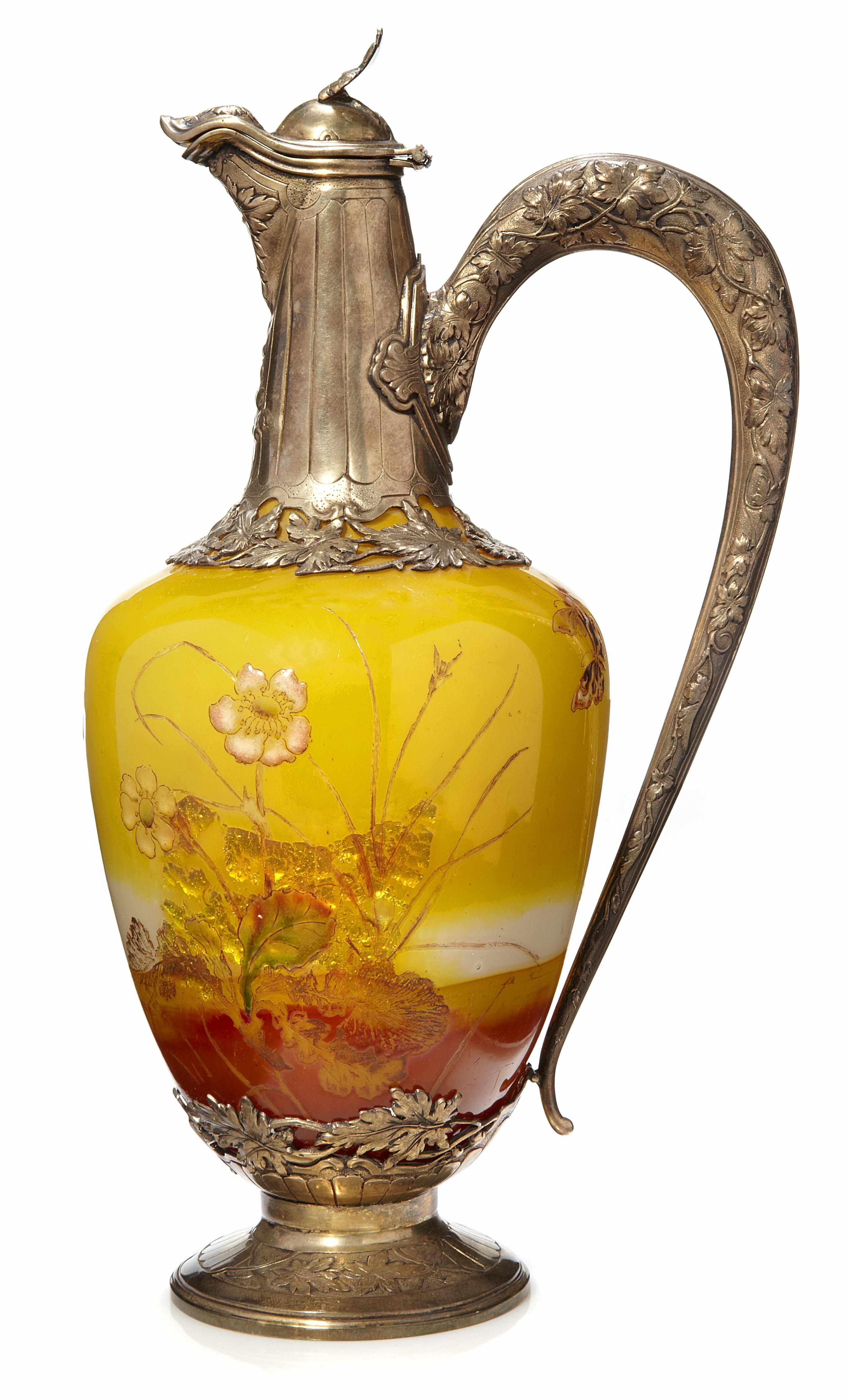 Appraisal: A silver-mounted Gall enameled glass ewer circa engraved Gall height