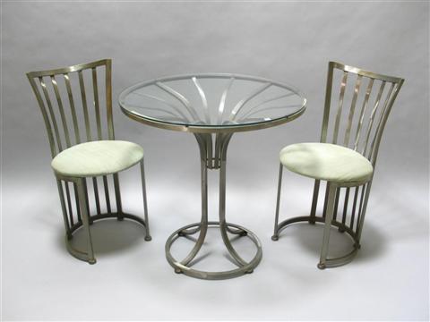 Appraisal: MODERN BRUSHED STEEL GLASS TABLE CHAIRS The circular table with