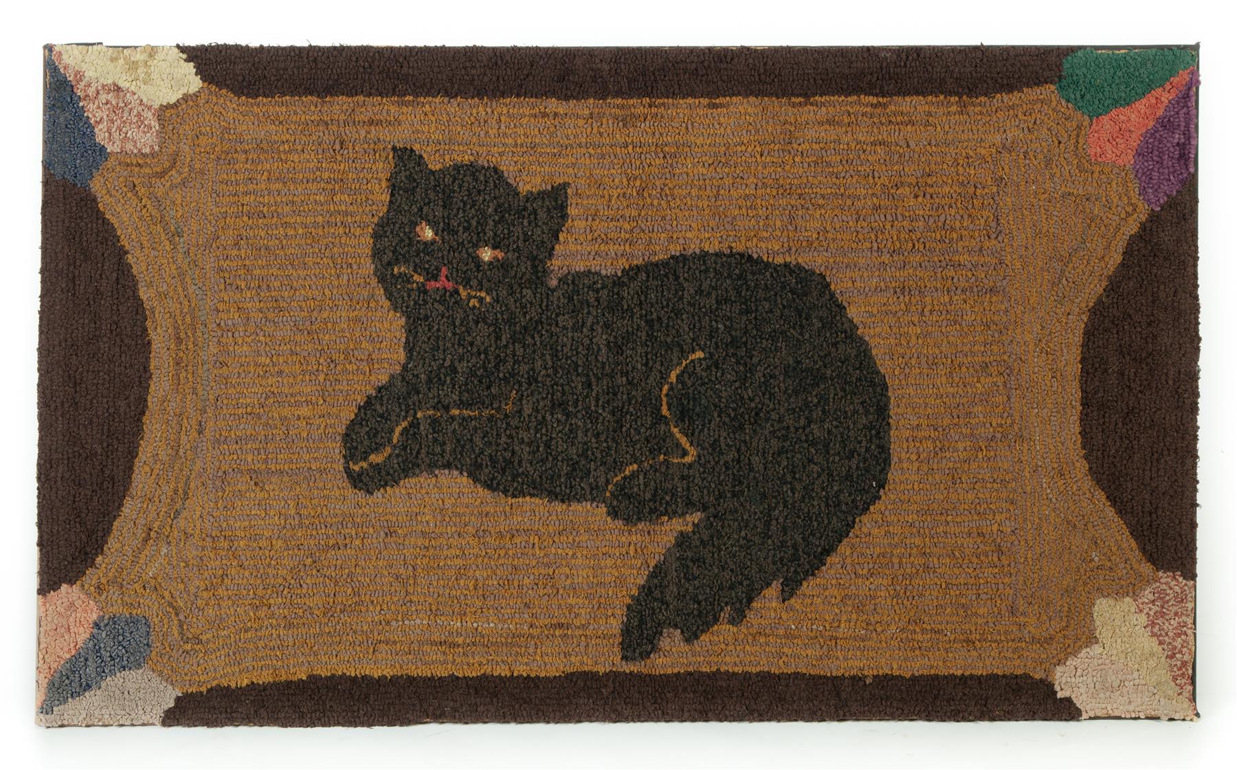 Appraisal: HOOKED RUG Early th century Green eyed black cat on