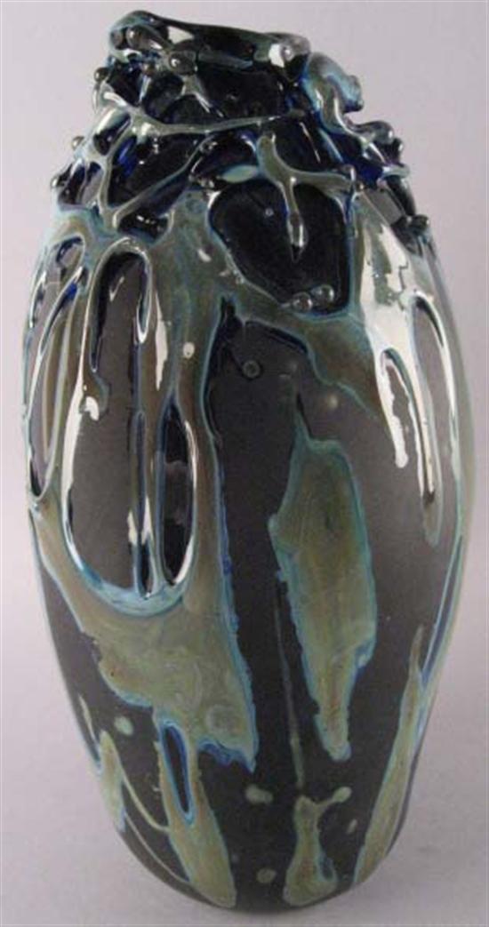 Appraisal: Guerord Art Glass blue with swirl overlay H