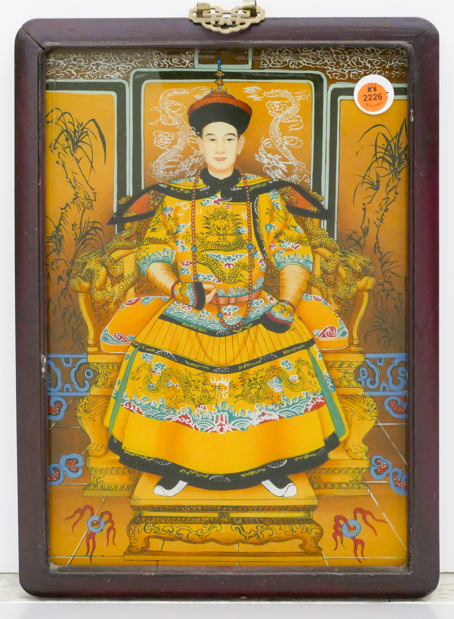 Appraisal: Chinese ''Seated Emperor'' Reverse Painted Panel Framed '' x ''