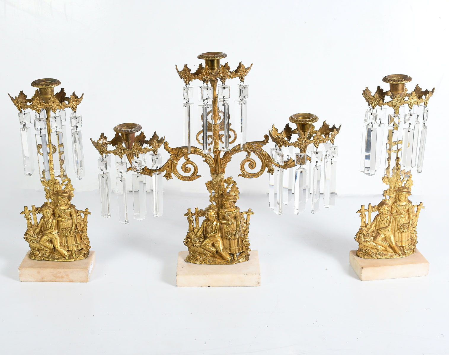 Appraisal: PC BRASS CRYSTAL GIRANDOLE SET Comprising - Three light -