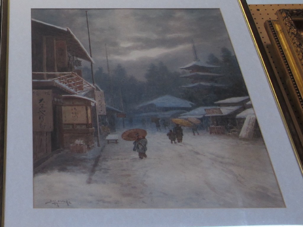 Appraisal: YOKOUCHI Watercolour 'Figures in a Street' signed