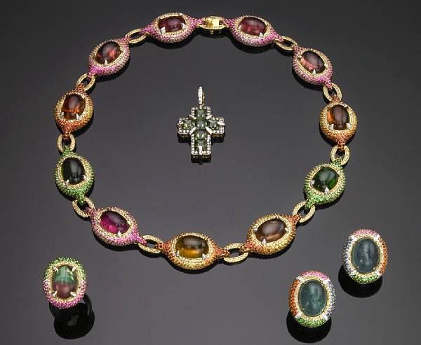 Appraisal: Green Tourmaline and Diamond Cross Pendant Designed by Robert Wander