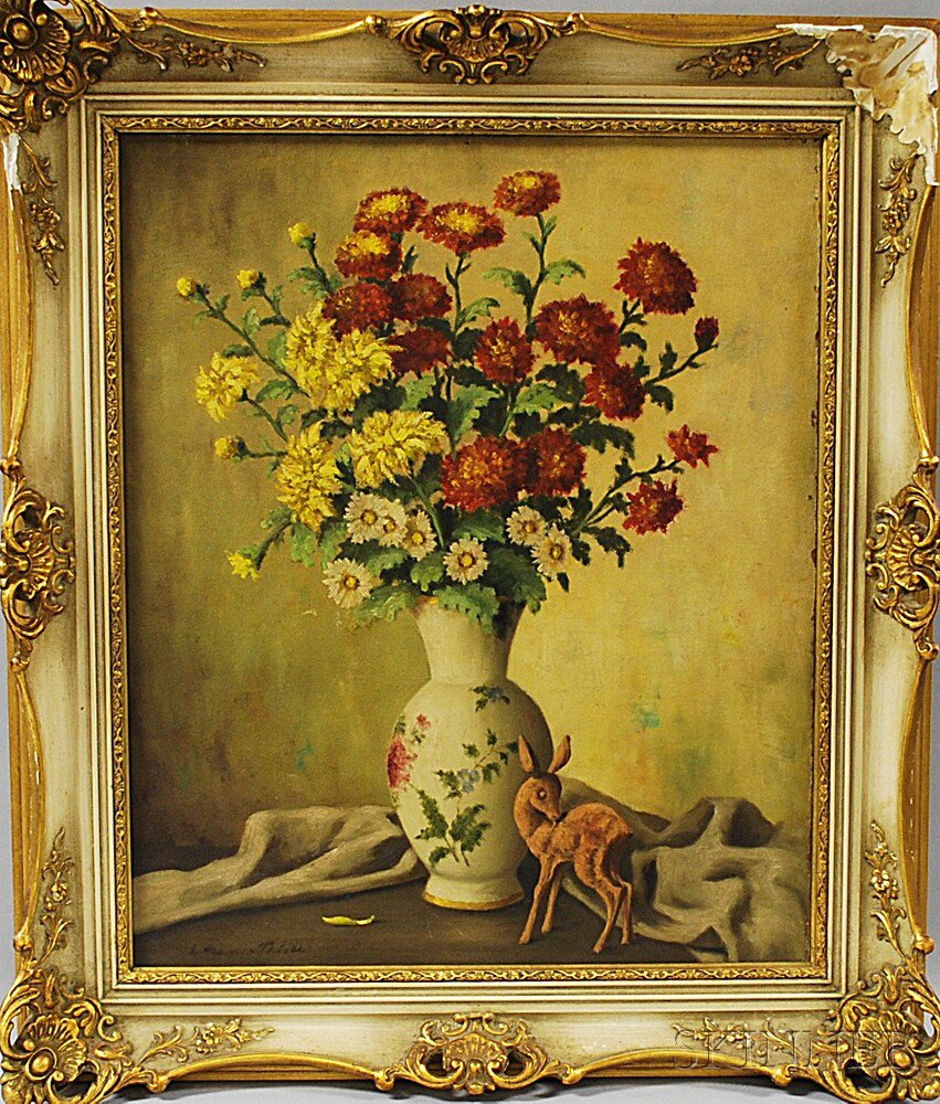 Appraisal: American School th Century Floral Still Life with Deer Figurine