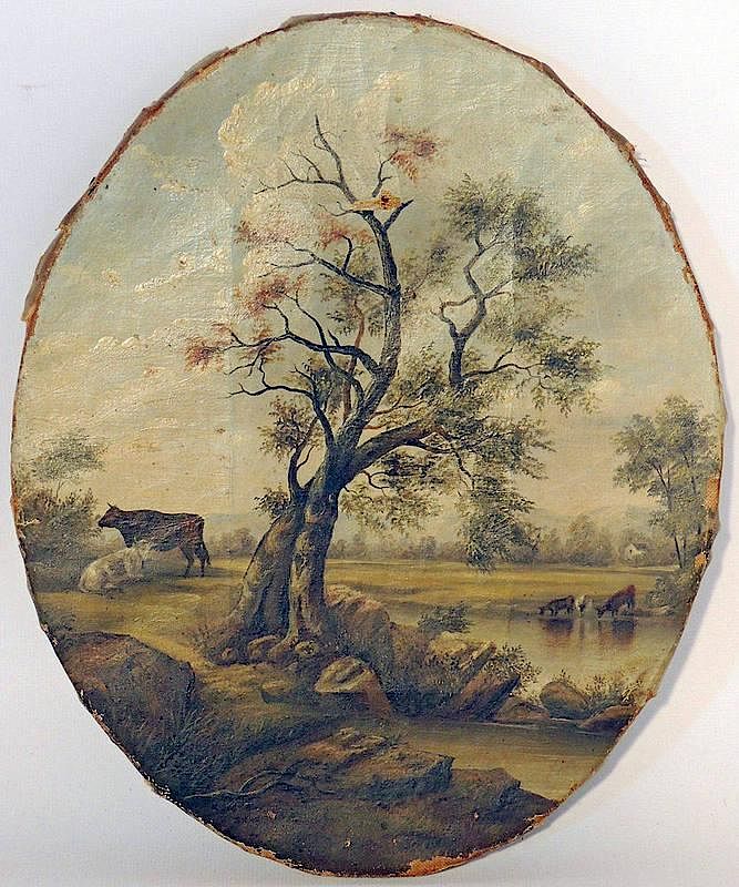 Appraisal: Oil on Canvas Pastoral Landscape Oval oil on canvas pastoral