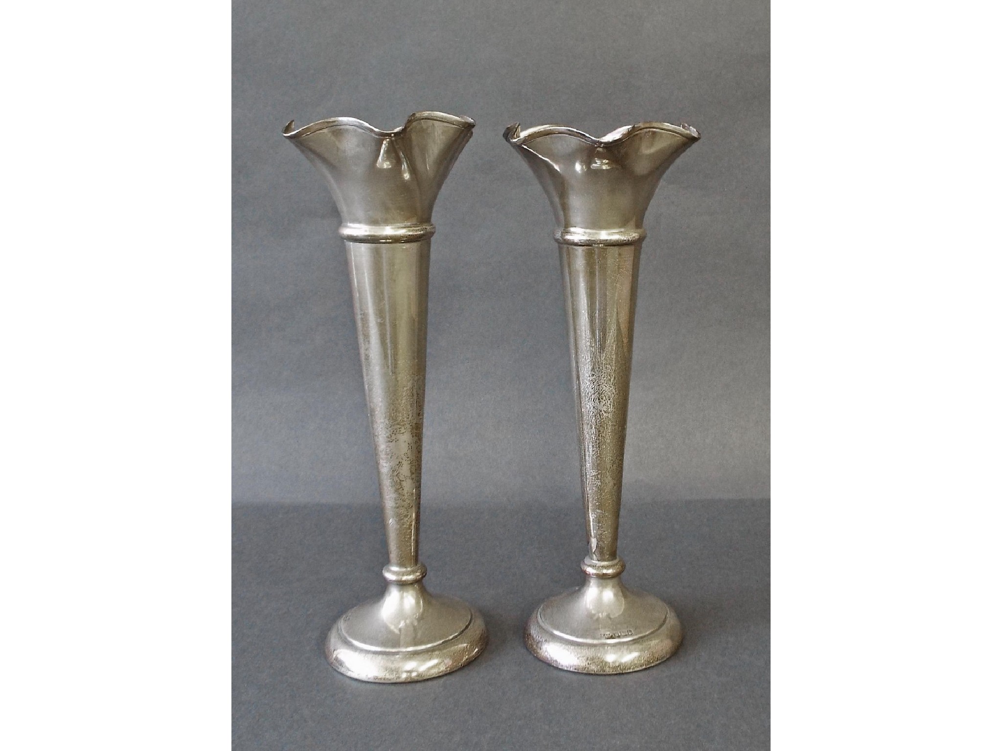 Appraisal: Pair of Walker Hall silver flared spill vases with wavy